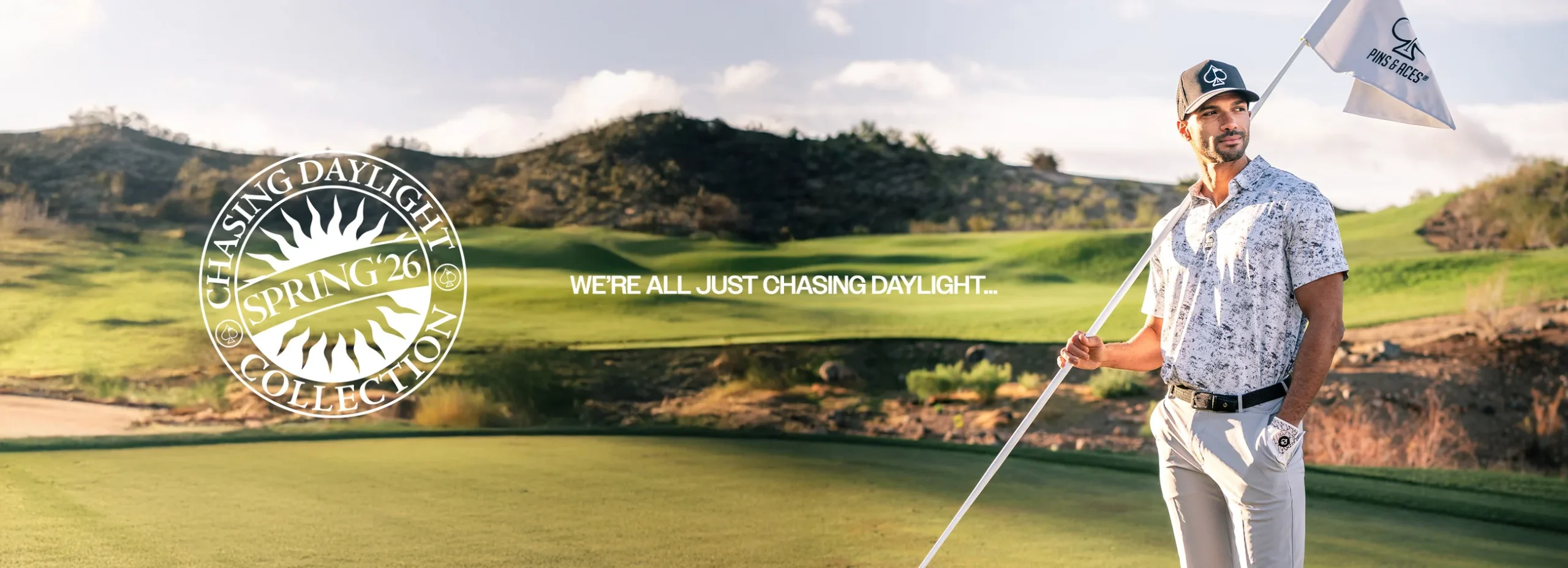 Golf gear displayed in a lifestyle banner scene